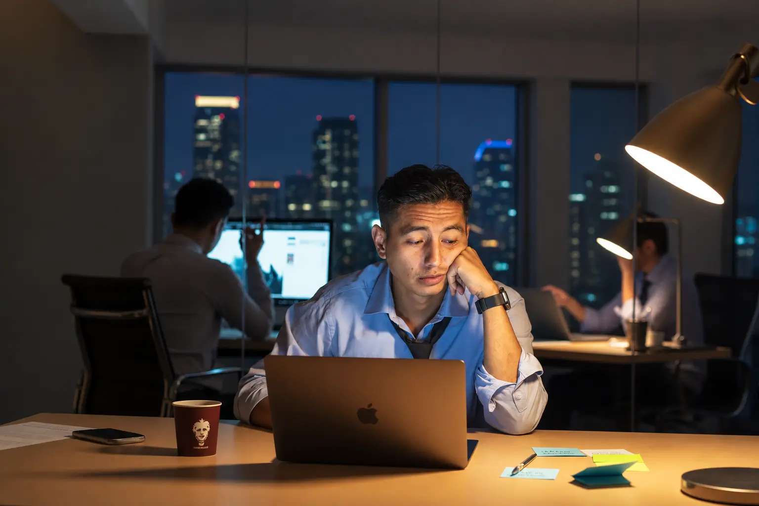 Manager sitting quietly at his desk, worried about staying silent in English at work