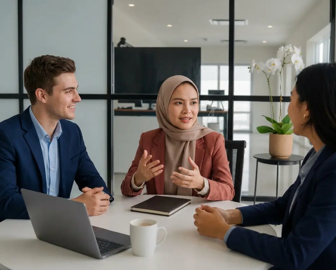 Malaysian professional smiling confidently while speaking in a group discussion after the workshop