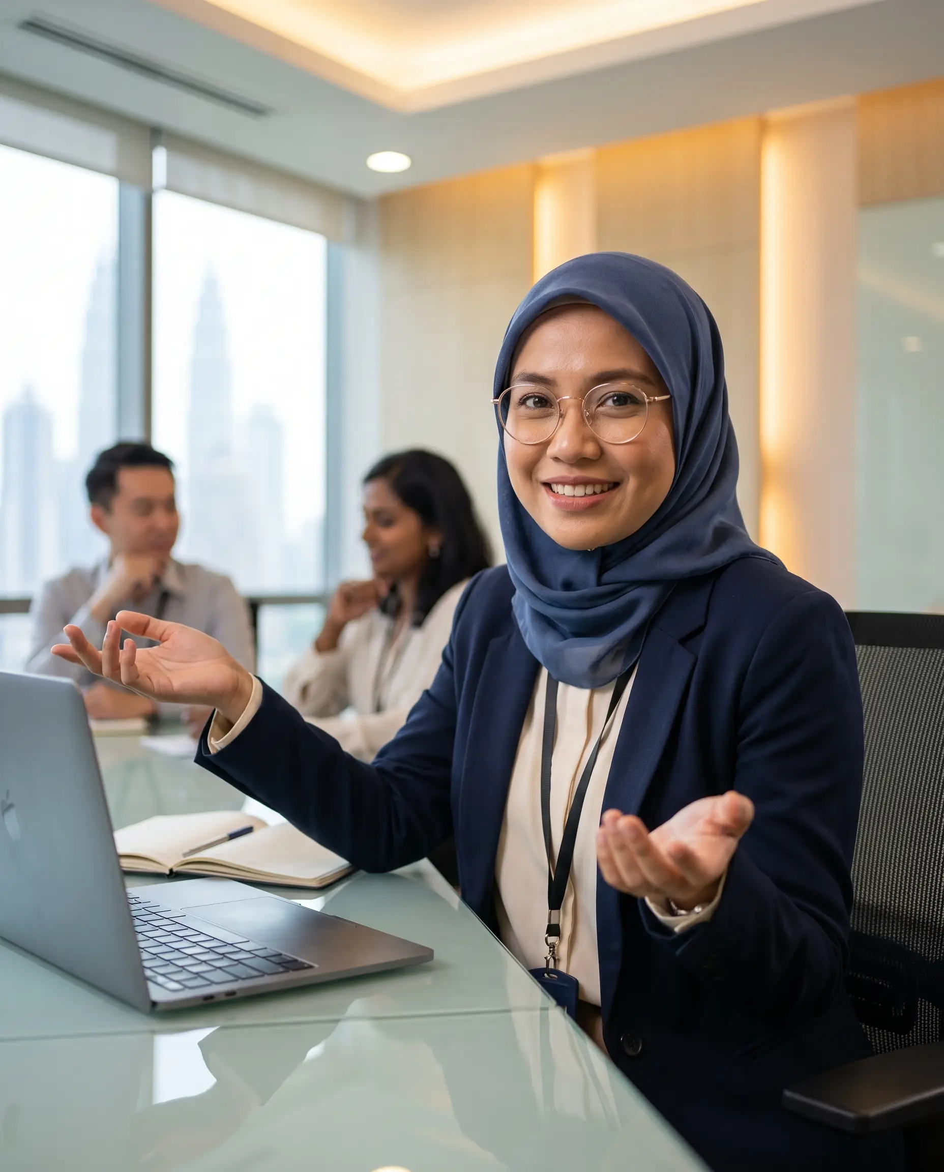 Seorang eksekutif wanita bercakap dengan yakin dalam meeting