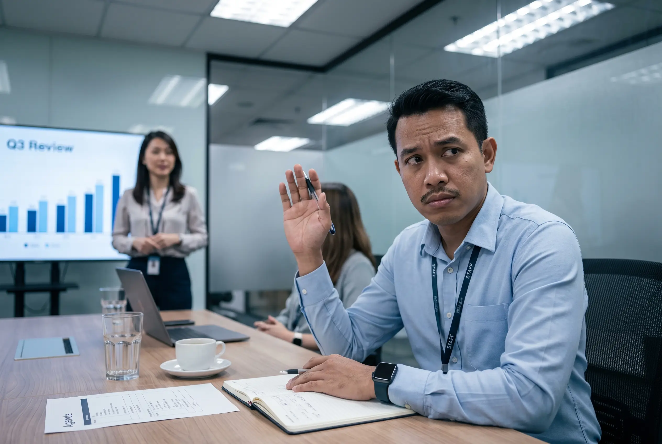 Seorang pegawai lelaki teragak-agak untuk bercakap dalam meeting
